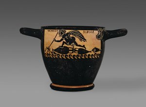 Boeotian Black-Figure Skyphos, Decorated with a Scene of Odysseus Being Blown Across the Sea by Boreas, from the Workshop of the Mystae Painter, Thebes, Boeotia, Late 5th Century BC by Greek